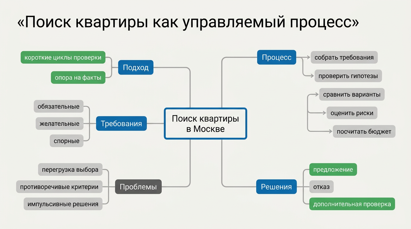 Ментальная карта поиска квартиры в Москве как управляемого процесса: подход, требования, проблемы, процесс (сбор требований, проверки, сравнение) и решения.