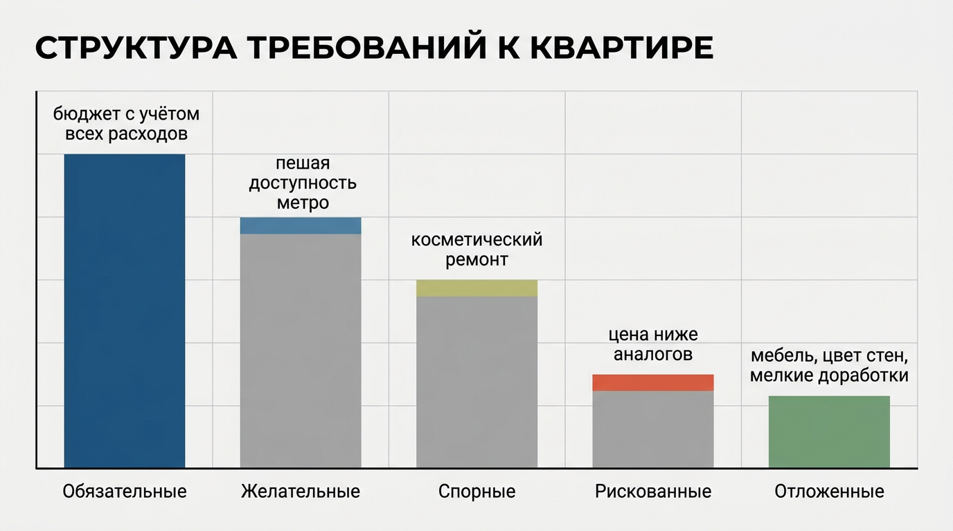 Диаграмма структуры требований к квартире: обязательные (бюджет), желательные (метро пешком), спорные (косметический ремонт), рискованные и отложенные критерии.