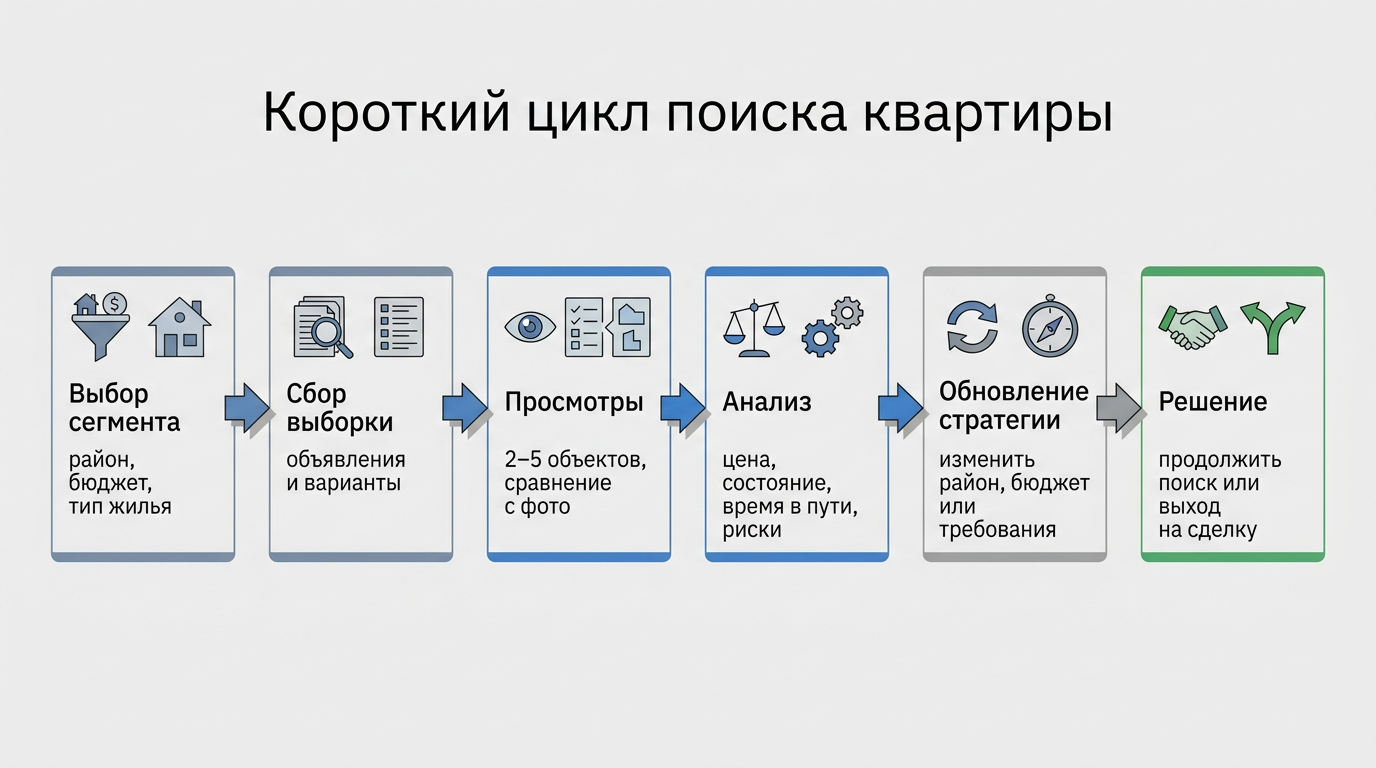 Инфографика короткого цикла поиска квартиры: выбор сегмента, сбор выборки, просмотры 2-5 объектов, анализ, обновление стратегии и решение о сделке.